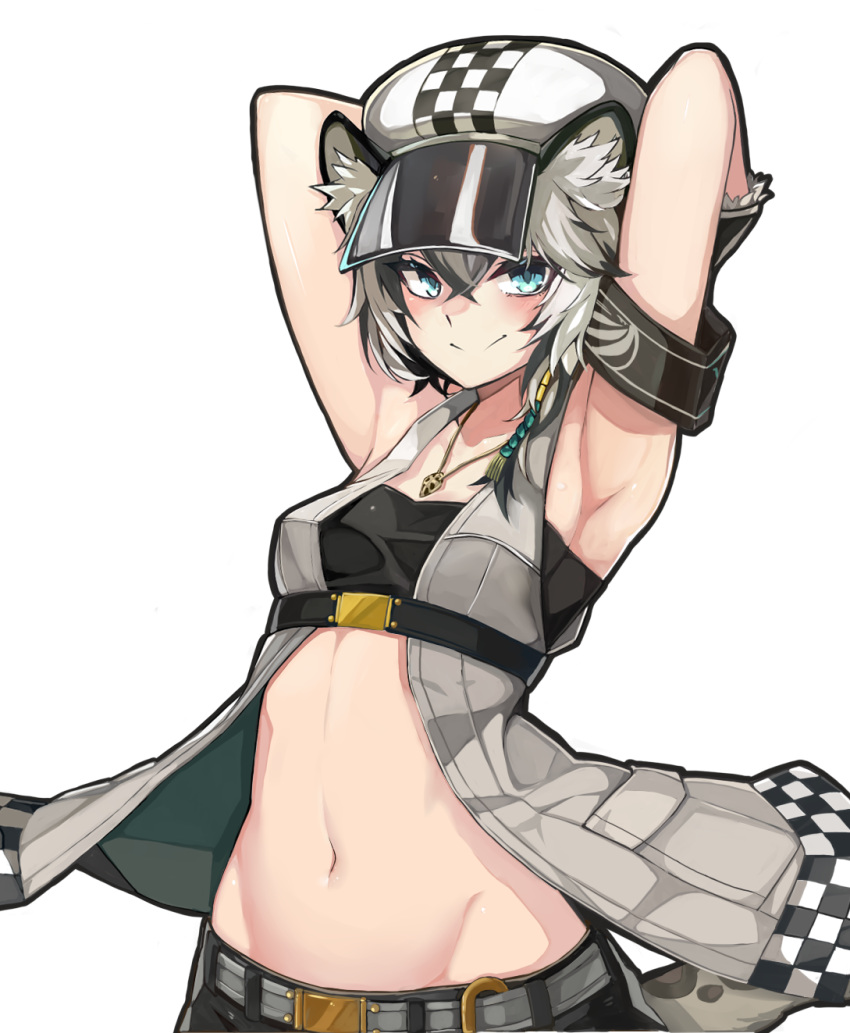 1girl animal_ear_fluff animal_ears arknights armband armpits arms_behind_head arms_up bandeau bare_shoulders belt beret blue_eyes cliffheart_(arknights) crop_top groin hat highres idashige_(walkietalkie) jewelry leopard_ears leopard_tail looking_at_viewer midriff multicolored_hair navel necklace revealing_clothes short_hair simple_background sleeveless smile solo stomach tail two-tone_hair upper_body white_background white_hair white_headwear