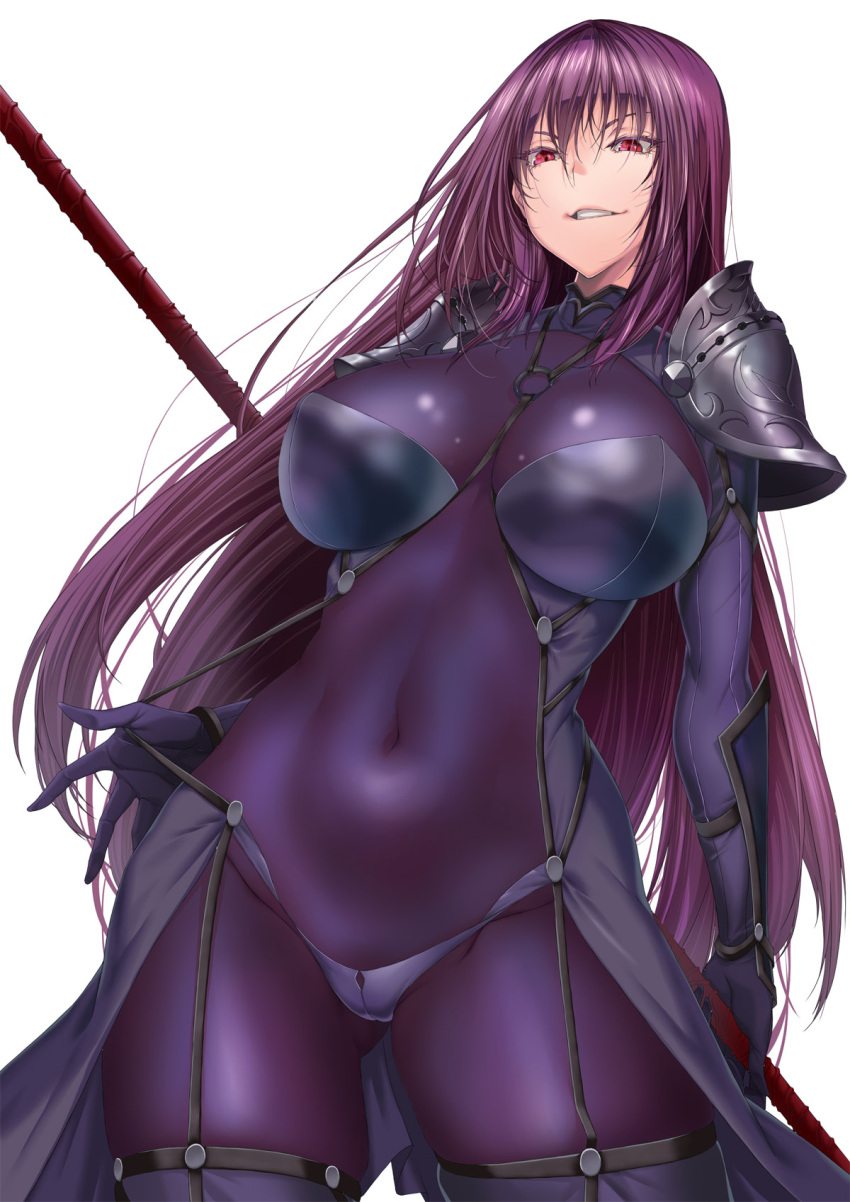 1girl armor bodysuit breasts covered_navel cowboy_shot fate/grand_order fate_(series) gae_bolg_(fate) hair_intakes highres holding holding_spear holding_weapon large_breasts long_hair pauldrons polearm purple_bodysuit purple_hair rantia red_eyes scathach_(fate) scathach_(fate)_(all) shoulder_armor simple_background solo spear standing very_long_hair weapon white_background