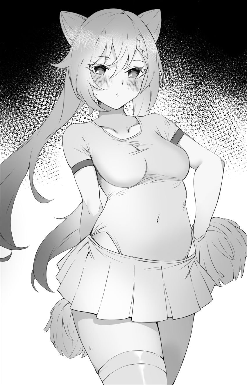 1girl absurdres blush breasts cheerleader covered_navel cowboy_shot double_bun envel203 genshin_impact greyscale hair_bun half-closed_eyes highleg highleg_leotard highres keqing_(genshin_impact) leotard leotard_under_clothes looking_at_viewer monochrome pleated_skirt pom_poms purple_hair short_sleeves skirt solo sweatdrop thigh-highs twintails violet_eyes