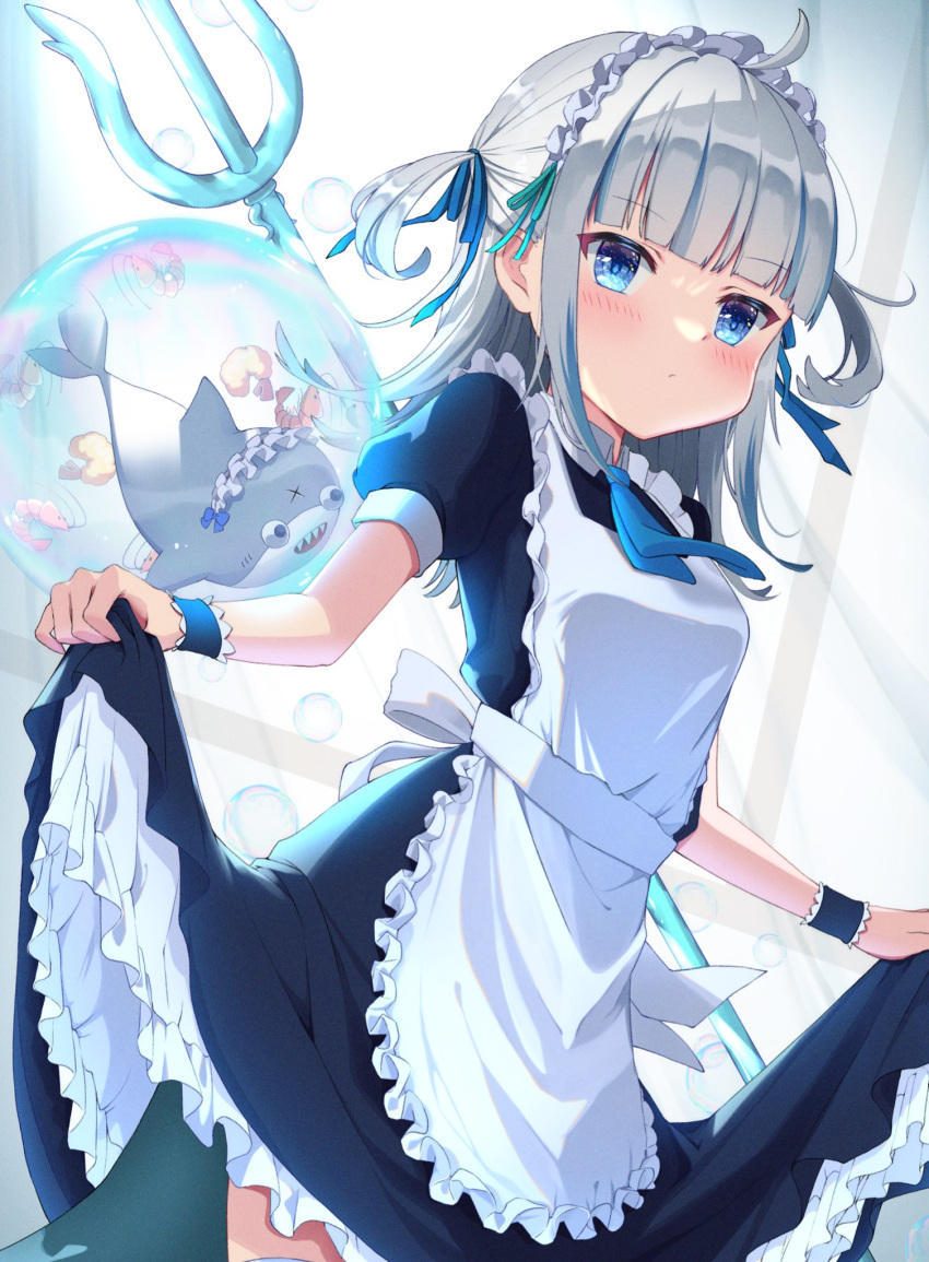 ahoge alternate_costume apron bangs black_dress bloop_(gawr_gura) blue_eyes blue_hair blue_neckwear blue_ribbon blunt_bangs blush bubble byoko_(byokoramen) closed_mouth collared_dress cowboy_shot day dot_nose dress dutch_angle enmaided fish_tail frilled_cuffs frilled_dress frills gawr_gura green_ribbon hair_ribbon highres hololive hololive_english indoors lifted_by_self maid maid_apron maid_headdress medium_hair multicolored_hair necktie polearm puffy_short_sleeves puffy_sleeves ribbon shaded_face shark_girl shark_tail short_sleeves sidelocks silver_hair skirt skirt_lift streaked_hair sunlight tail tied_hair trident two_side_up virtual_youtuber weapon white_apron wrist_cuffs