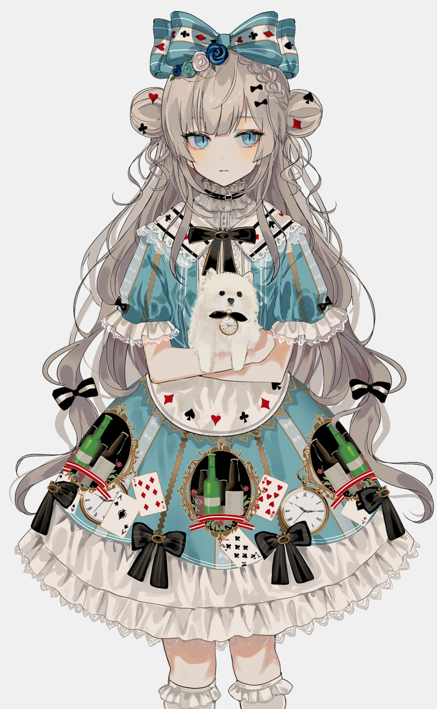 1girl animal black_neckwear blue_bow blue_dress blue_eyes blue_flower blue_rose bow braid brooch brown_hair card chiemo_(xcem) dog double_bun dress expressionless feet_out_of_frame flower french_braid frills hair_bow highres holding holding_animal holding_dog jewelry long_hair looking_to_the_side original parted_lips playing_card rose simple_background slit_pupils solo standing very_long_hair watch white_background white_flower white_rose