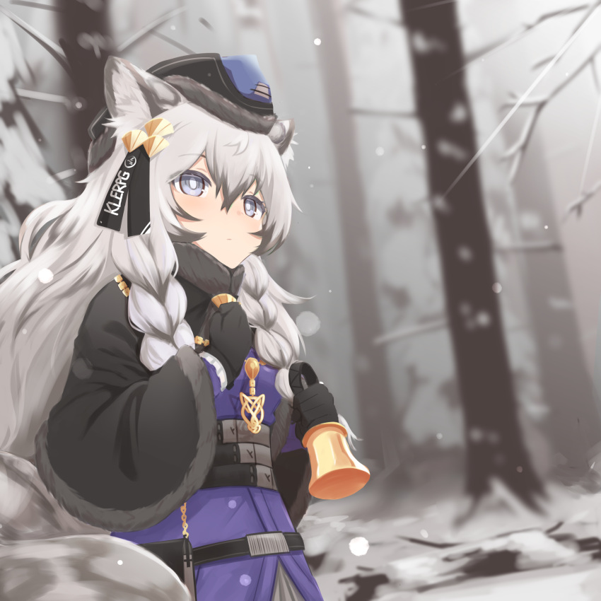 1girl absurdres animal_ears arknights bell belt black_capelet black_gloves blue_headwear blurry blurry_background bright_pupils capelet closed_mouth depth_of_field dress forest fur-trimmed_capelet fur_trim gloves grey_eyes grey_hair hand_up hat highres holding holding_bell klaius long_hair nature pramanix_(arknights) purple_dress side_braids solo tree white_pupils