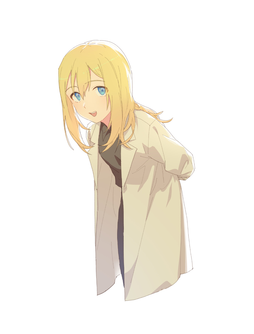 1girl :d absurdres arms_behind_back bangs black_shirt blonde_hair blue_eyes blush collared_shirt erica_hartmann eyebrows_visible_through_hair hair_between_eyes highres labcoat leaning_forward long_hair open_mouth pants rekari_(rekari628) shirt simple_background smile solo standing strike_witches white_background world_witches_series
