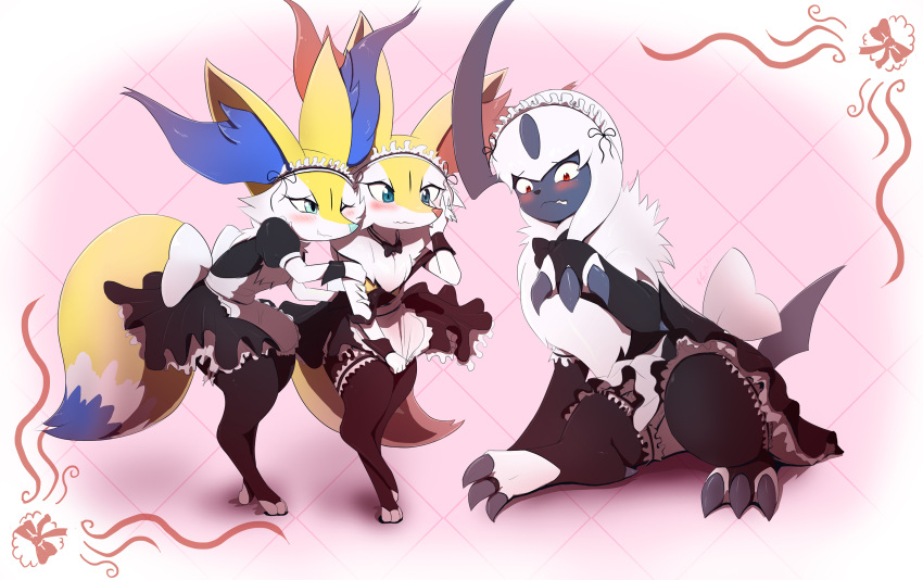 2girls absol alternate_costume alternate_eye_color alternate_shiny_pokemon animal_ear_fluff animal_ears animal_nose apron artist_name back_bow bangs biting black_dress black_gloves black_legwear black_neckwear blue_eyes blush body_fur bow bowtie braixen bridal_gauntlets claws clenched_teeth closed_mouth clothed_pokemon commentary constricted_pupils dated detached_collar dress dress_tug elbow_gloves embarrassed english_commentary enmaided eryz eyebrows_visible_through_hair fingerless_gloves flat_chest fox_ears fox_girl fox_tail frilled_dress frills full_body furry gen_3_pokemon gen_6_pokemon gloves hand_on_own_cheek hand_on_own_face hand_up happy highres holding_another's_arm leaning_forward leg_garter lip_biting looking_down maid maid_apron maid_headdress multiple_girls nervous off_shoulder one_eye_closed paws pink_background pokemon pokemon_(creature) puffy_short_sleeves puffy_sleeves red_eyes shiny shiny_hair short_hair short_sleeves sideways_mouth signature sitting sleeveless sleeveless_dress smile snout standing strap_slip tail teeth thigh-highs toeless_legwear two-tone_fur wavy_mouth white_fur white_hair wrist_cuffs yellow_fur