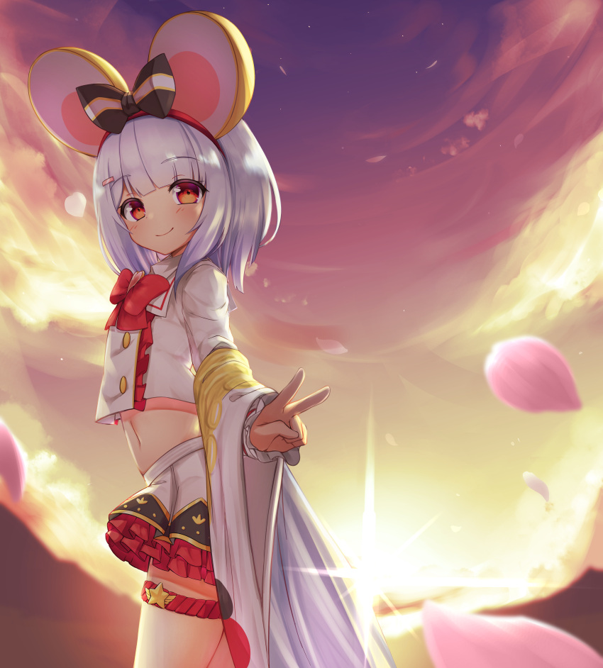 1girl absurdres animal_ears bow bowtie closed_mouth cowboy_shot cropped_shirt detached_sleeves double-breasted from_side granblue_fantasy hair_bow hairband highres huge_filesize klaius long_sleeves looking_at_viewer looking_to_the_side medium_hair miniskirt mouse_ears red_bow red_eyes shirt skirt smile solo sunset thigh_strap vikala_(granblue_fantasy) white_hair white_shirt white_skirt wide_sleeves