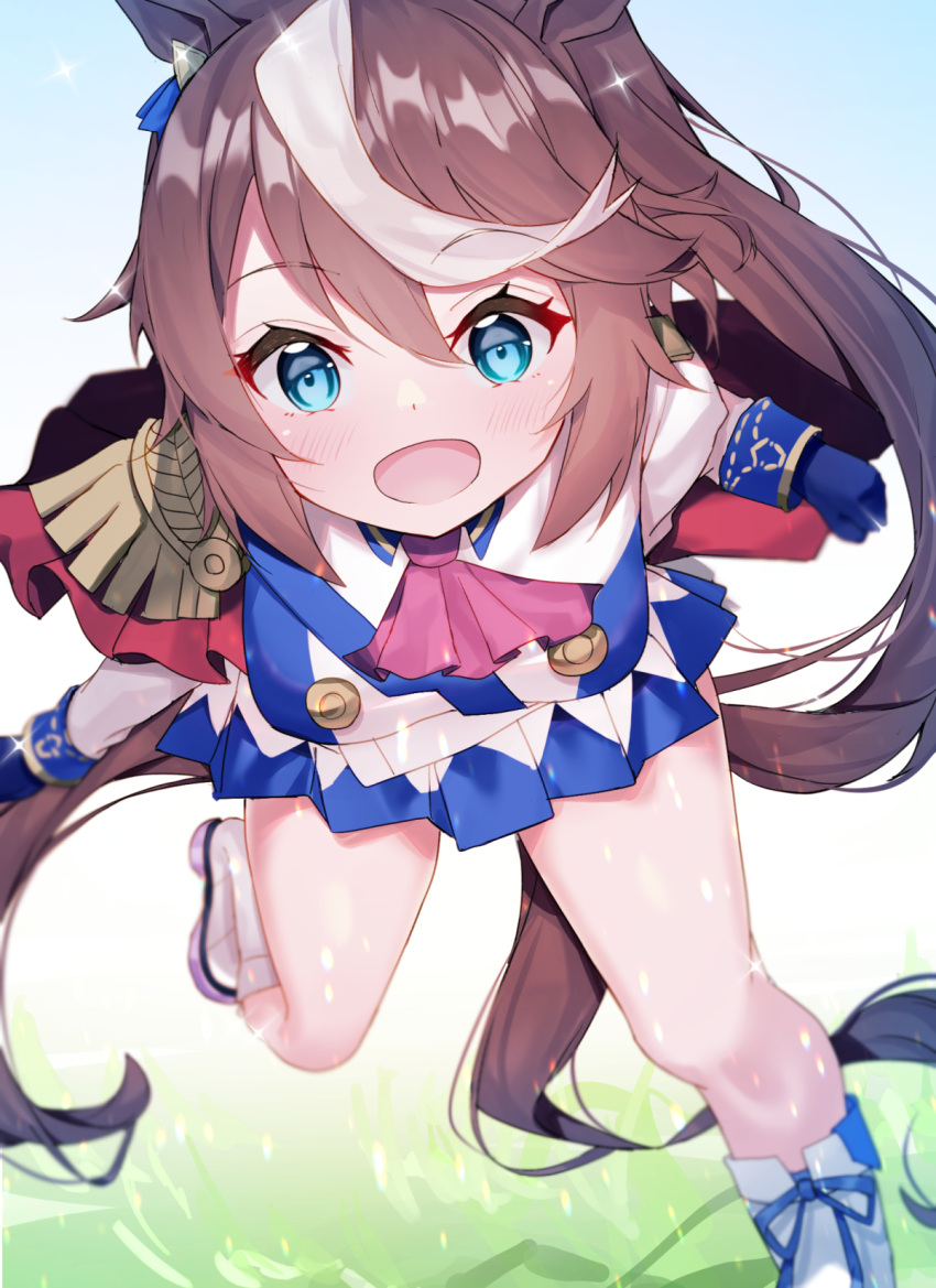 1girl :d ascot blue_eyes blue_gloves blue_jacket blue_skirt blush brown_hair ear_piercing earrings epaulettes gloves hair_flaps head_tilt high_ponytail highres hoop_earrings horse_girl jacket jewelry leaning_forward long_hair lux_(dera_ix) miniskirt multicolored_hair open_mouth piercing pink_neckwear pleated_skirt running running_towards_viewer skirt smile solo streaked_hair tokai_teio two-tone_hair two-tone_jacket umamusume white_footwear white_hair white_jacket