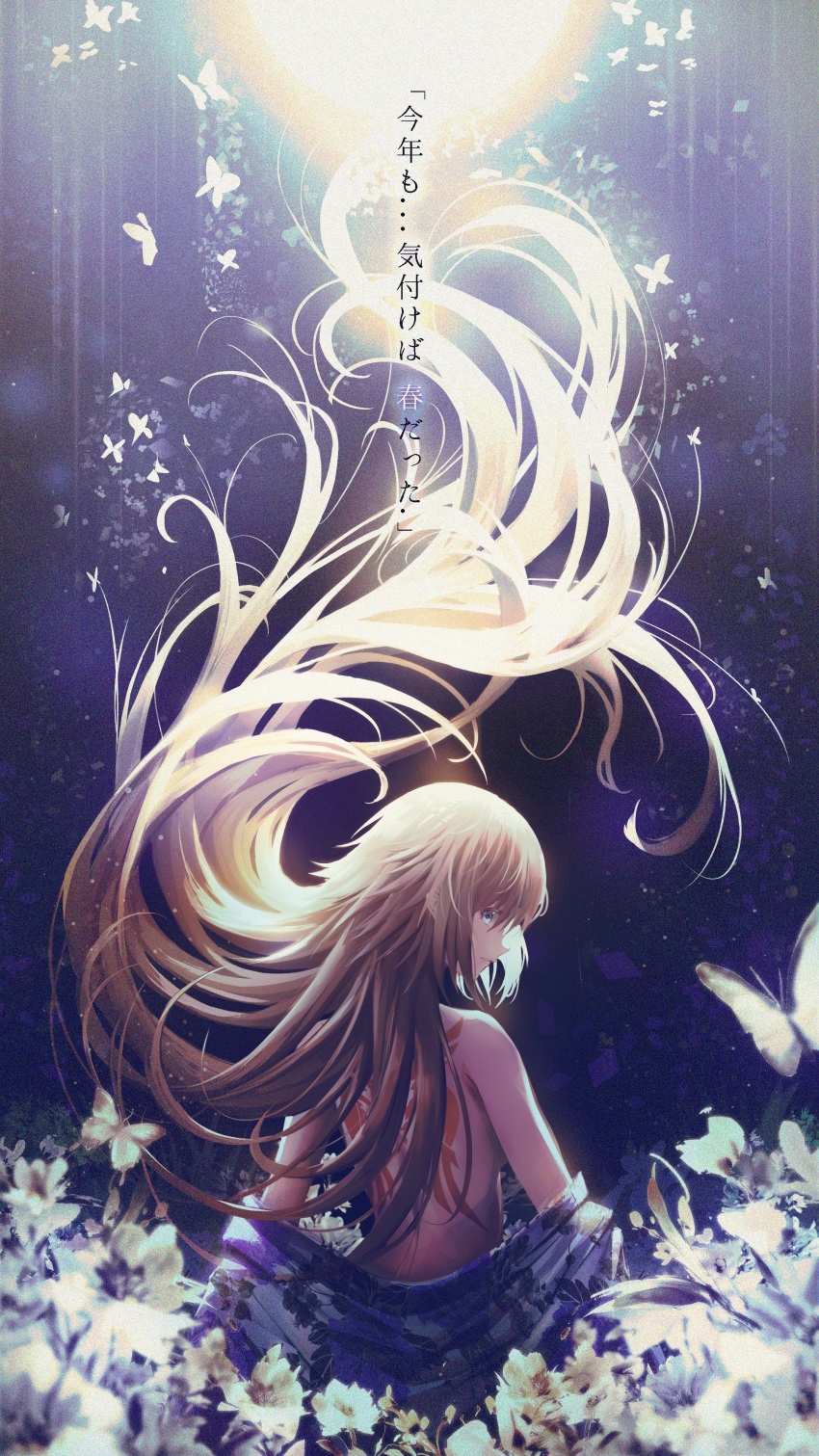 1girl absurdres bangs blonde_hair blue_background blue_eyes breasts bug butterfly fate/grand_order fate_(series) floating_hair flower from_behind hair_between_eyes highres insect jeanne_d'arc_(fate) jeanne_d'arc_(fate)_(all) long_hair looking_at_viewer looking_back medium_breasts profile rej975 solo topless undressing very_long_hair white_flower