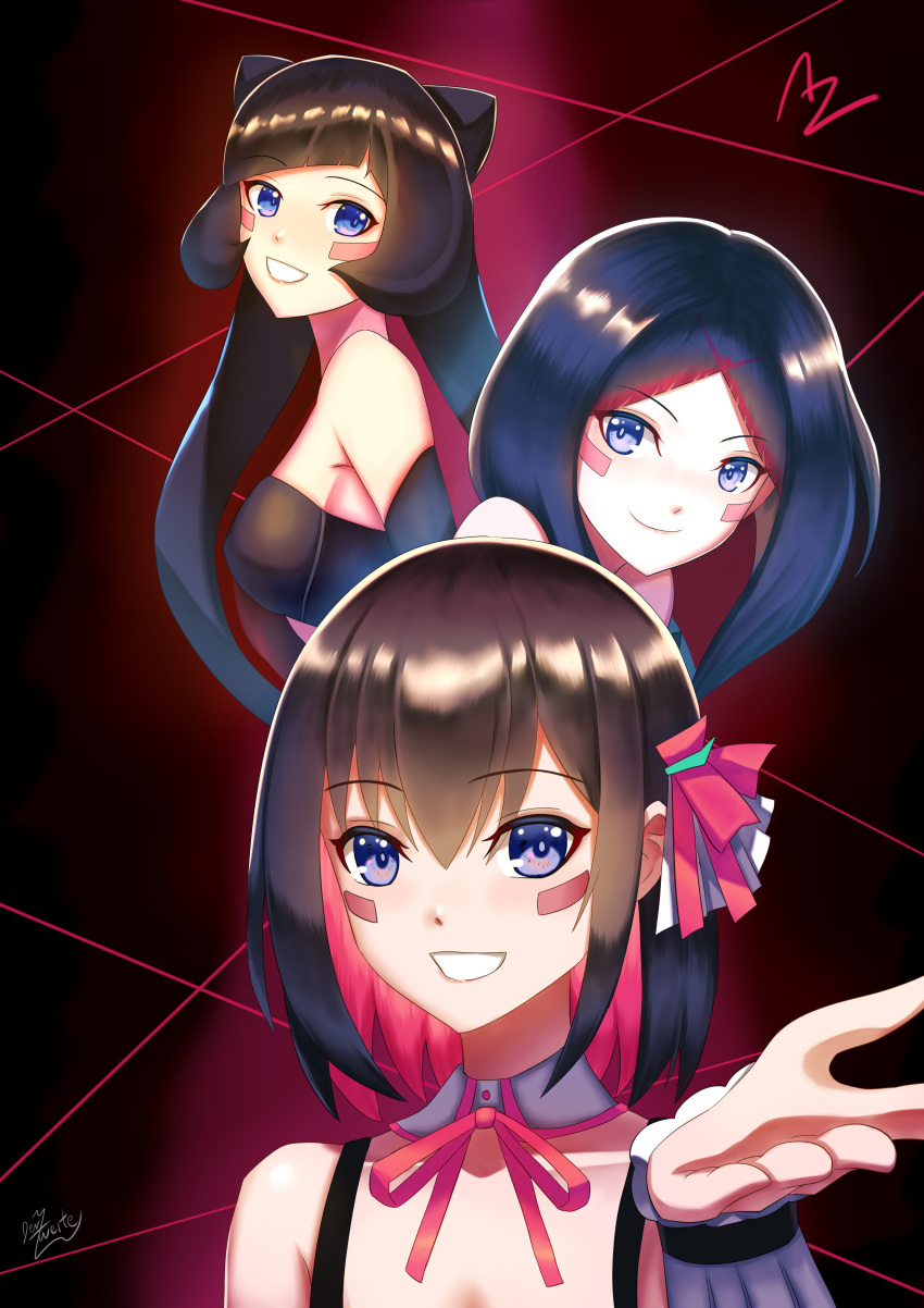 3girls absurdres artist_name azki_(hololive) bangs bare_shoulders black_hair blue_eyes blush_stickers breasts colored_inner_hair commentary der_zweite detached_collar eyebrows_visible_through_hair grin hair_ornament highres hololive long_hair looking_at_viewer multicolored_hair multiple_girls multiple_persona pink_hair short_hair smile teeth virtual_youtuber