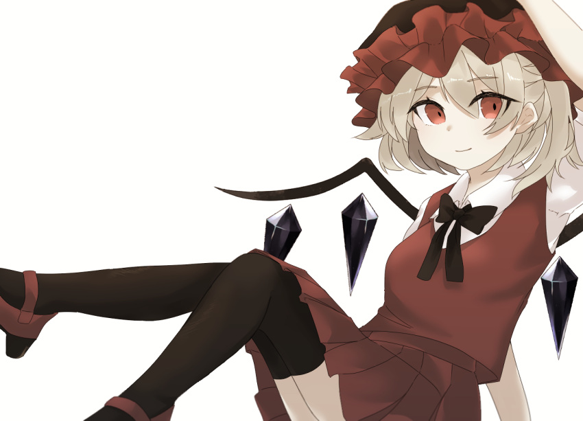 1girl alternate_costume arm_above_head arm_support black_bow black_headwear black_legwear black_neckwear blonde_hair bow bowtie breasts closed_mouth collared_shirt commentary_request crystal eyebrows_visible_through_hair feet_out_of_frame flandre_scarlet hat high_heels knees_up looking_at_viewer mob_cap one_side_up pleated_skirt red_eyes red_footwear red_headwear red_skirt red_vest senli shirt short_hair simple_background sitting skirt skirt_set small_breasts smile solo thigh-highs touhou vest white_background white_shirt wings