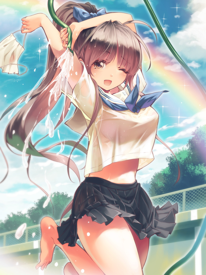 1girl :d bangs bare_legs black_skirt blue_neckwear blue_sailor_collar blue_sky bow brown_eyes brown_hair chain-link_fence clouds commentary_request day eyebrows_visible_through_hair fence hair_bow highres holding holding_hose holding_mask hose kankurou looking_at_viewer mask midriff_peek moe2021 one_eye_closed open_mouth original outdoors pleated_skirt ponytail pool rainbow running sailor_collar school_uniform serafuku shirt short_sleeves skirt sky smile solo thighs tree uniform water water_drop wet white_shirt