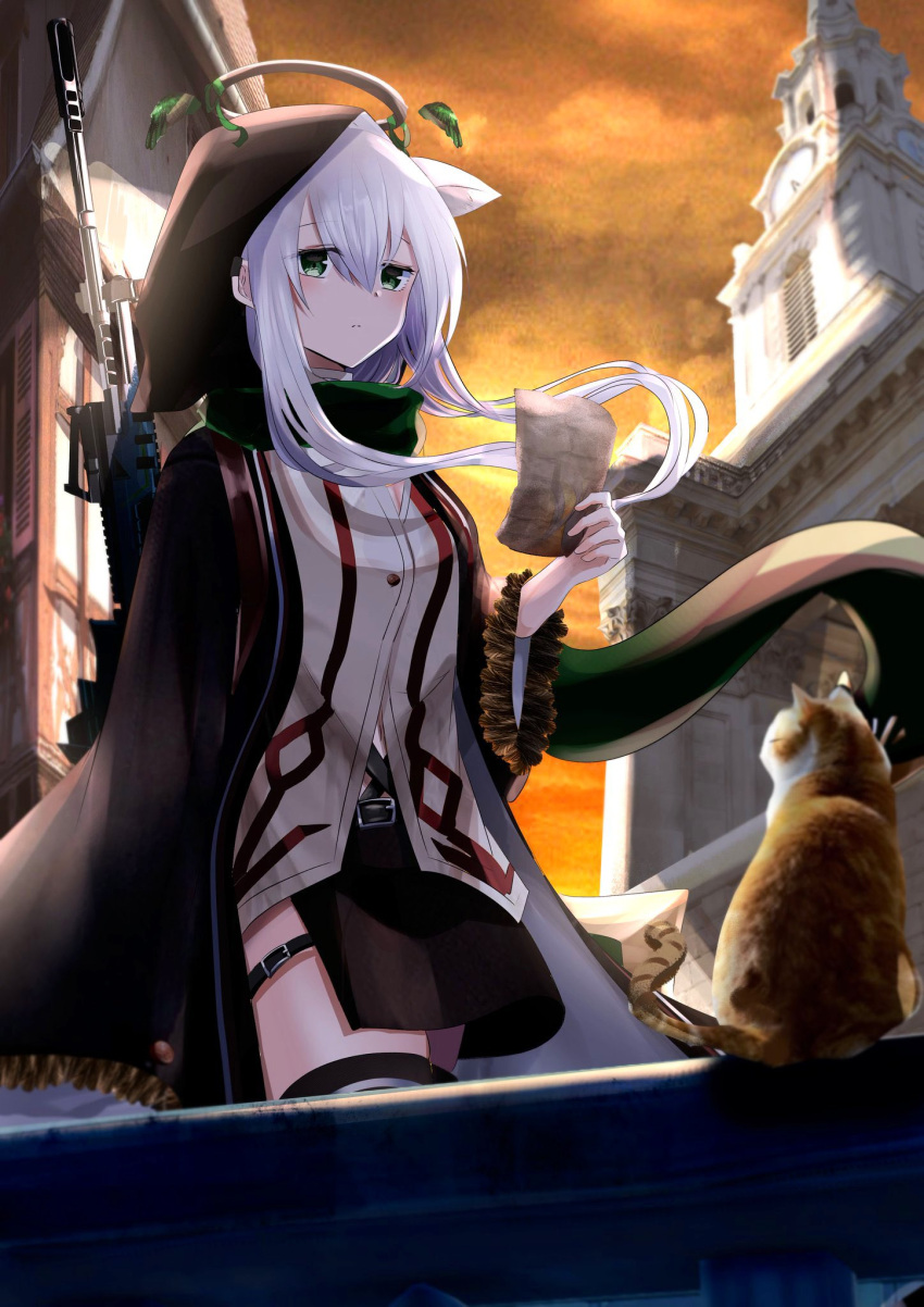 1girl angel animal_ears bangs black_legwear black_skirt blurry blurry_background cat cat_ears clock clock_tower commentary_request dawn eyebrows_visible_through_hair green_eyes green_scarf hair_between_eyes halo highres holding holding_paper hood hooded_jacket jacket long_hair looking_at_viewer original outdoors paper rifle_on_back scarf sidelocks skirt solo thigh-highs thigh_strap tokiwa_sylbe tower white_hair