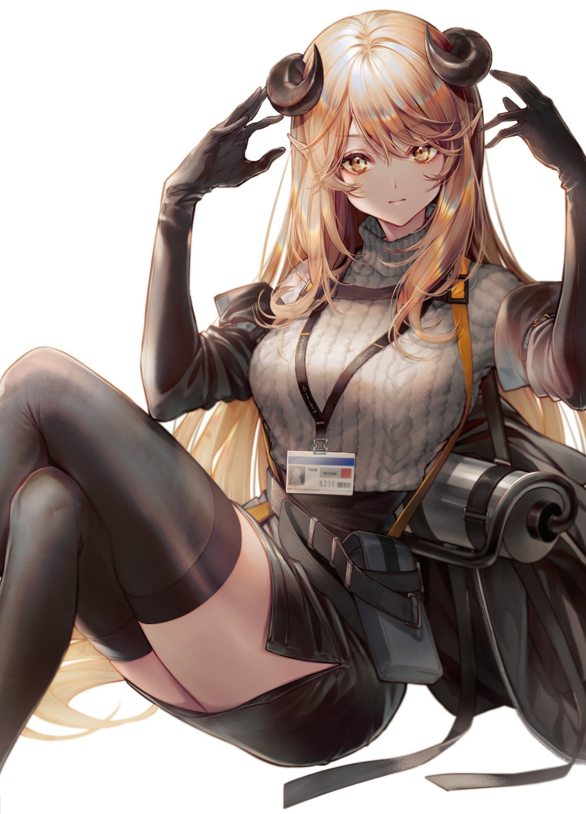 1girl arknights bangs black_gloves black_skirt blonde_hair breasts elbow_gloves expressionless eyebrows_behind_hair gloves grey_sweater highres horns id_card lanyard medium_breasts meteorite_(arknights) open_hands pencil_skirt pointy_ears sanbabasanba sitting skirt solo sweater sweater_tucked_in thigh-highs yellow_eyes