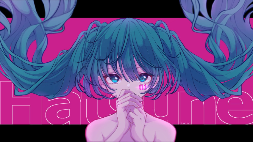 1girl aqua_eyes bangs blue_hair character_name collarbone facial_tattoo fist_in_hand floating_hair hand_to_own_mouth hands_together hatsune_miku highres katorea long_hair looking_at_viewer portrait solo tattoo topless twintails very_long_hair vocaloid