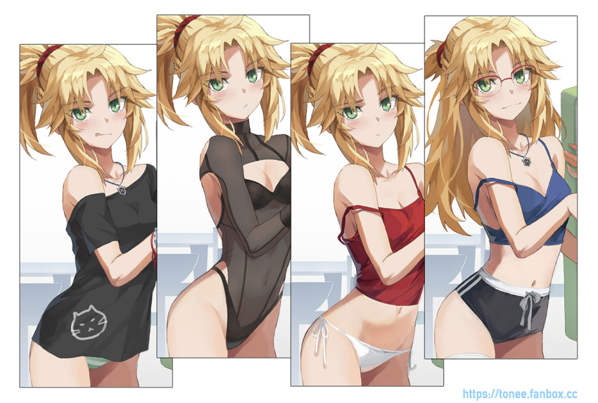 1girl alternate_costume alternate_hairstyle ass back bare_shoulders blonde_hair braid breasts camisole carton collarbone confused dolphin_shorts fate/apocrypha fate_(series) french_braid glasses green_eyes grey_shorts hair_ornament hair_scrunchie jewelry licking_lips long_hair looking_at_viewer midriff mordred_(fate) mordred_(fate)_(all) multiple_views navel necklace off_shoulder panties ponytail red_camisole refrigerator revision scrunchie semi-rimless_eyewear short_shorts shorts side-tie_panties sidelocks small_breasts swimsuit tonee tongue tongue_out translated underwear white_panties