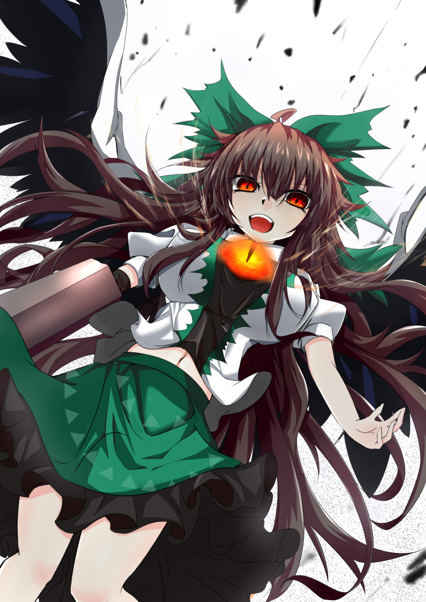 1girl ashigaruk bangs bird_wings black_wings blouse bow breasts brown_hair cape collared_blouse commentary_request control_rod cowboy_shot frilled_skirt frills glowing glowing_eye green_bow green_skirt hair_between_eyes hair_bow highres impossible_clothes impossible_shirt large_breasts long_hair looking_at_viewer midriff_peek navel open_mouth puffy_short_sleeves puffy_sleeves red_eyes reiuji_utsuho shirt short_sleeves skirt solo third_eye touhou upper_teeth white_background white_blouse white_cape wind wings