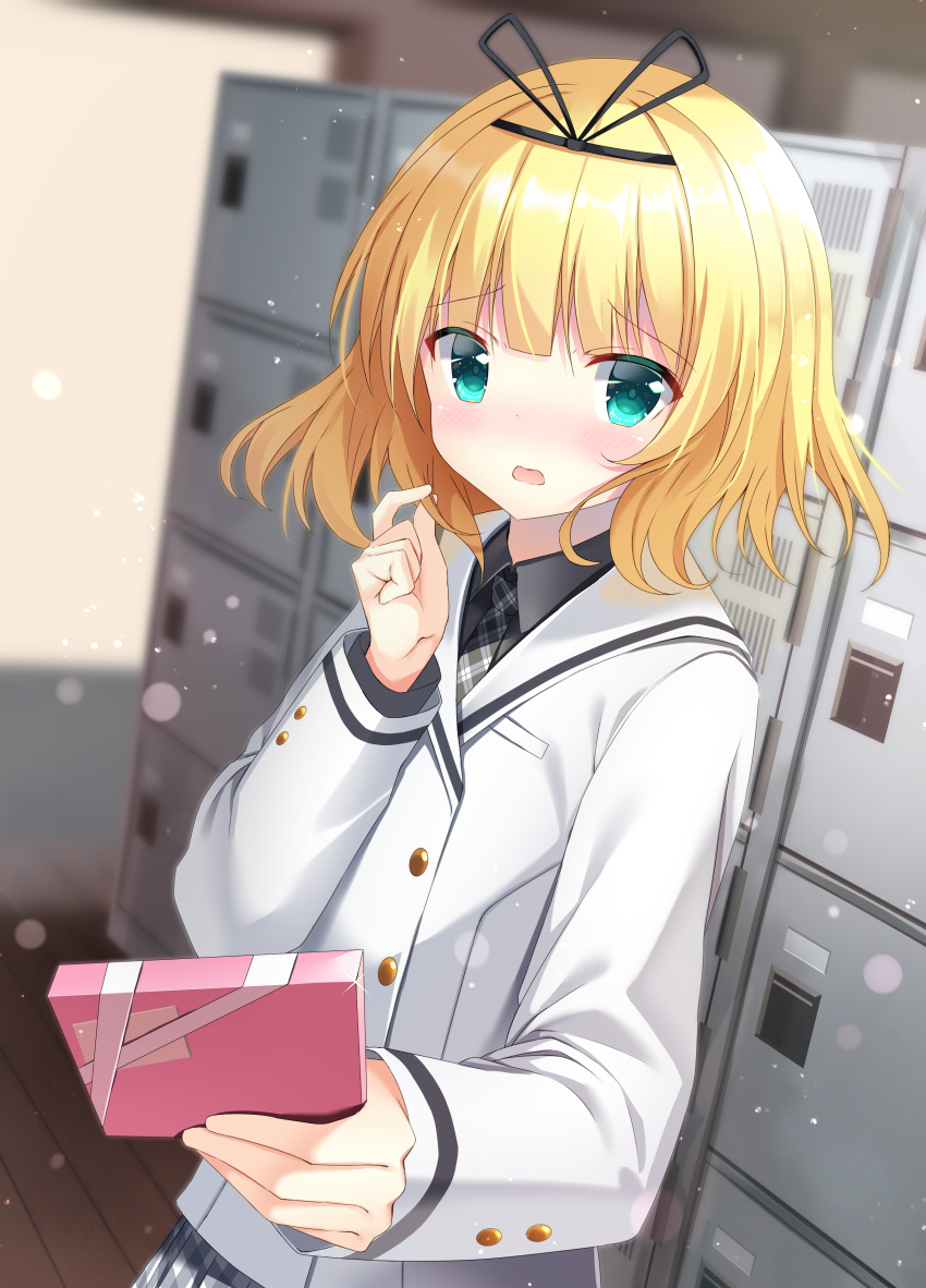 1girl absurdres bangs black_neckwear black_ribbon black_shirt blazer blonde_hair blurry blurry_background blush box collared_shirt commentary_request depth_of_field eyebrows_visible_through_hair gift gift_box gochuumon_wa_usagi_desu_ka? green_eyes grey_skirt hair_ribbon highres holding holding_gift indoors jacket kirima_sharo long_sleeves looking_at_viewer necktie nose_blush open_mouth pizzzica plaid plaid_neckwear plaid_skirt pleated_skirt ribbon school_uniform shirt shoe_locker skirt sleeves_past_wrists solo tedeza_rize's_school_uniform wavy_mouth white_jacket wooden_floor