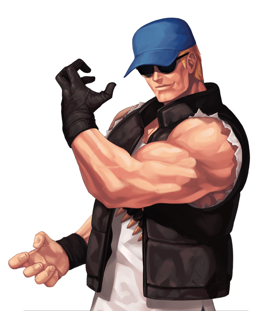 1boy baseball_cap black-framed_eyewear black_gloves blonde_hair blue_headwear brown_vest clark_still closed_mouth commentary_request evilgun fingernails gloves hand_up hat highres lips looking_at_viewer male_focus muscular muscular_male round_eyewear shirt short_hair simple_background single_glove sleeveless sleeveless_shirt smile solo sunglasses the_king_of_fighters the_king_of_fighters_'97 upper_body vest white_background white_shirt