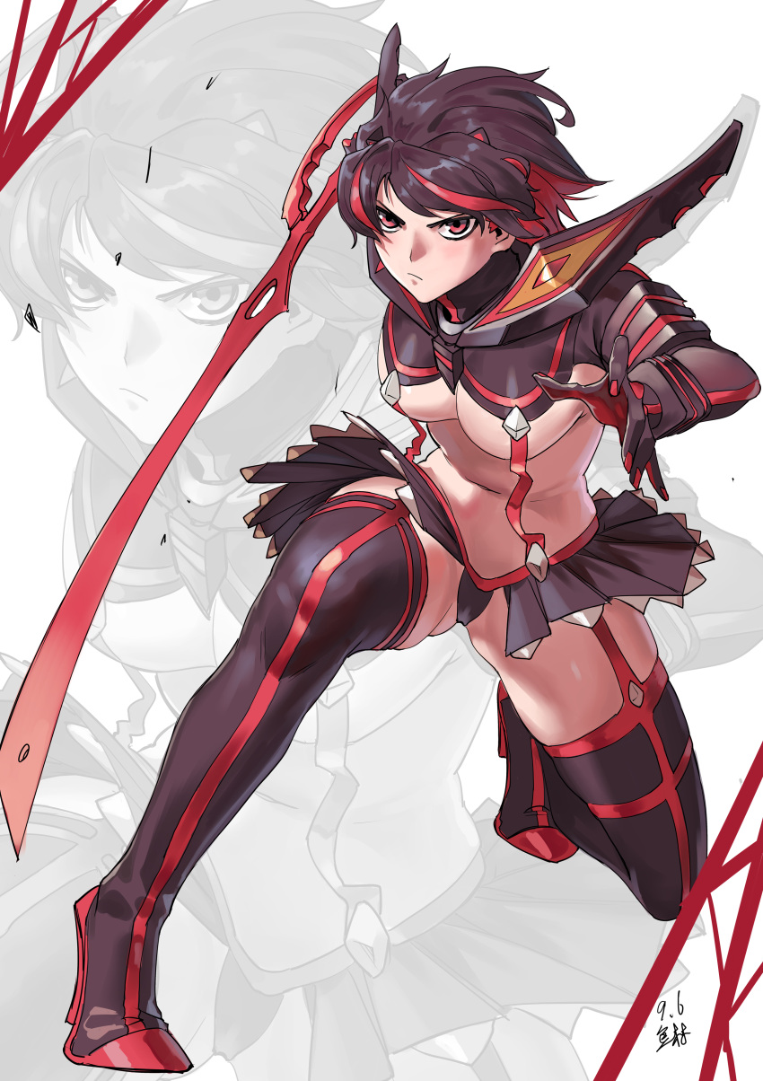 1girl absurdres black_footwear black_hair black_shirt black_skirt boots breasts closed_mouth commentary_request crop_top gloves high_heels highres holding holding_sword holding_weapon jinlin kill_la_kill matoi_ryuuko medium_breasts miniskirt multicolored_hair navel red_eyes redhead revealing_clothes scissor_blade senketsu shirt short_hair showgirl_skirt simple_background skirt stance streaked_hair suspenders sword thigh-highs thigh_boots two-tone_hair under_boob weapon white_background zoom_layer