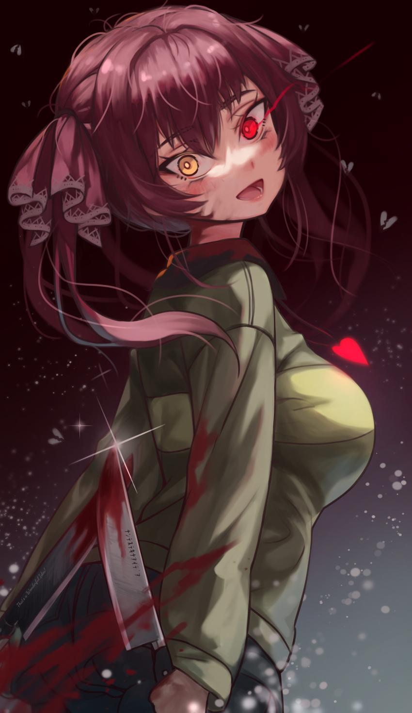 1girl absurdres bangs black_pants blood bloody_clothes bloody_weapon blush breasts chara_(undertale) chara_(undertale)_(cosplay) commentary_request cosplay crazy_eyes crazy_smile dual_wielding evil_smile eyebrows_visible_through_hair green_sweater hair_ornament heart heart_pendant heterochromia highres holding holding_knife hololive houshou_marine jewelry knife large_breasts long_hair looking_at_viewer lower_teeth open_mouth pants pendant red_eyes redhead revision smile solo sweater teeth torriet twintails undertale virtual_youtuber weapon yellow_eyes