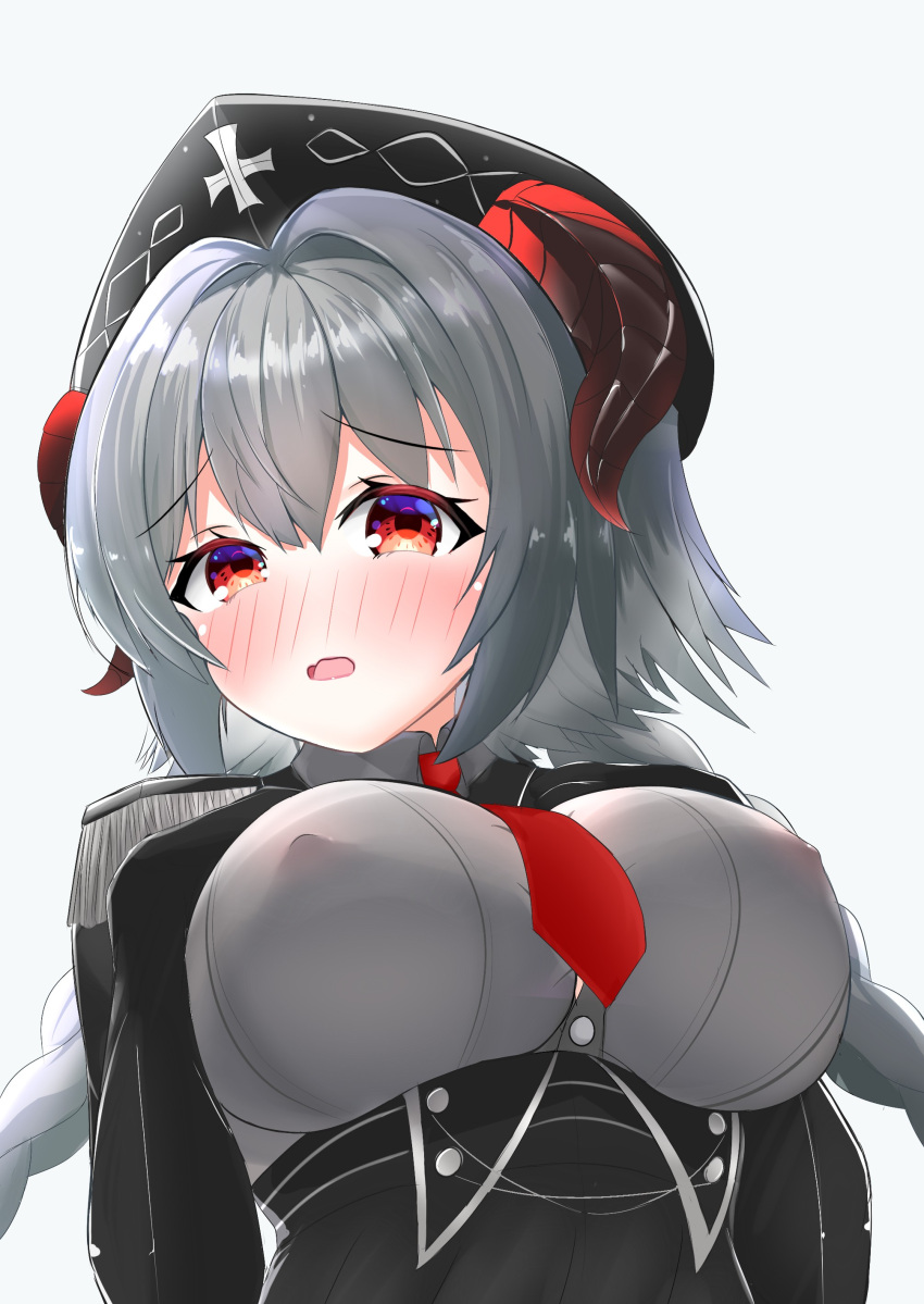 1girl absurdres azur_lane black_gloves black_headwear blush braid breasts covered_nipples elbow_gloves epaulettes eyebrows_visible_through_hair fj_hatsu framed_breasts gloves grey_hair hair_between_eyes highres horns large_breasts long_hair looking_at_viewer necktie no_bra nurnberg_(azur_lane) red_eyes red_neckwear see-through_shirt simple_background solo twin_braids upper_body white_background