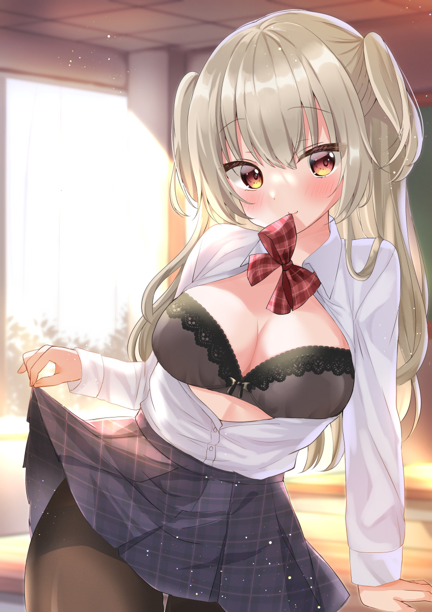 1girl absurdres bangs black_legwear blonde_hair blush bow bra breasts classroom closed_mouth collared_shirt cowboy_shot eyebrows_visible_through_hair hamikoron highres in_mouth indoors large_breasts long_hair long_sleeves looking_at_viewer open_clothes open_shirt original pantyhose plaid plaid_skirt pleated_skirt red_eyes school_uniform shirt shirt_tucked_in short_twintails skirt skirt_lift smile solo twintails underwear uniform white_shirt