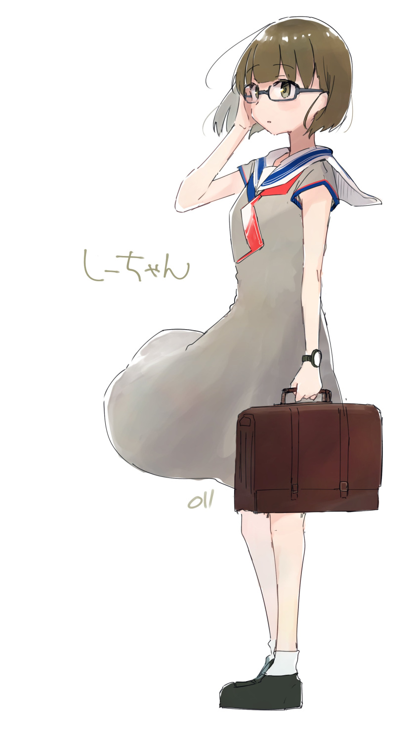 1girl absurdres ahoge bangs blue_sailor_collar briefcase brown_eyes brown_hair c2-chan c2_kikan character_name dress eyebrows_visible_through_hair glasses highres holding holding_briefcase ma_rukan neckerchief red_neckwear sailor_collar sailor_dress short_hair short_sleeves signature simple_background solo standing watch watch white_background white_dress