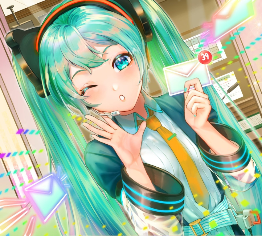 1girl 39 aqua_eyes aqua_hair aqua_nails belt blue_jacket calling commentary cyan916 envelope hair_ornament hand_up hatsune_miku headphones headset highres holding holding_envelope hologram jacket long_hair looking_at_viewer microphone nail_polish necktie neon_trim one_eye_closed shirt solo twintails uniform upper_body very_long_hair vocaloid white_shirt yellow_neckwear