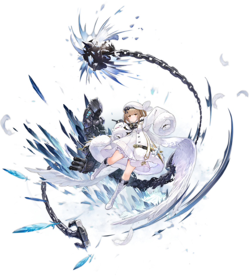 1girl azur_lane boots braid brown_hair coat dress feathered_wings feathers full_body fur-trimmed_coat fur_trim gremyashchy_(azur_lane) highres long_hair looking_at_viewer official_art solo torpedo_tubes transparent_background very_long_sleeves white_coat white_dress white_footwear white_headwear wings yellow_eyes yyy_(zelda10010)