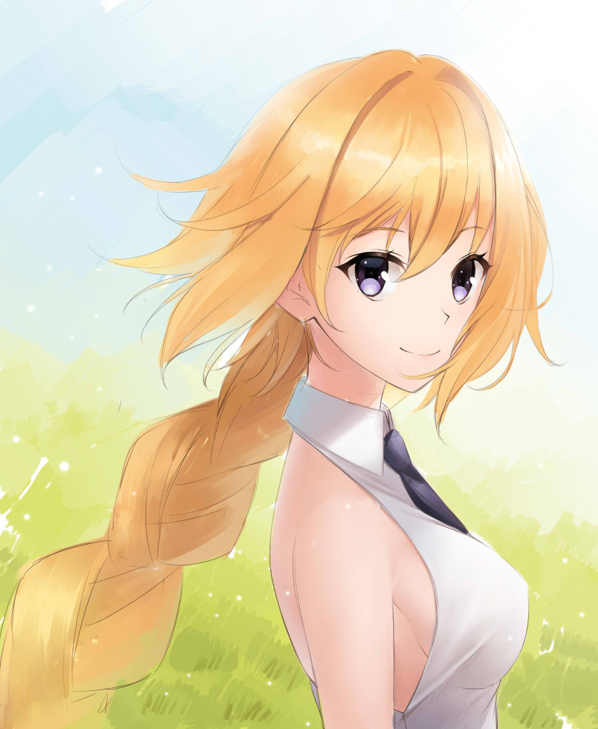 1girl absurdres bangs blonde_hair blue_eyes braid braided_ponytail breasts closed_mouth collared_shirt eyebrows_visible_through_hair fate/apocrypha fate_(series) floating_hair from_side hair_between_eyes highres jeanne_d'arc_(fate) jeanne_d'arc_(fate)_(all) long_hair looking_at_viewer medium_breasts necktie nyanmaru ponytail shiny shiny_hair shirt sideboob sketch sleeveless sleeveless_shirt smile solo upper_body very_long_hair white_shirt wing_collar