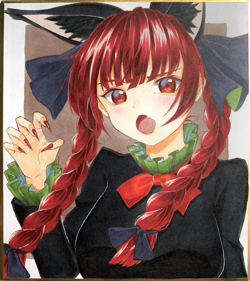 1girl :o absurdres animal_ear_fluff animal_ears bangs black_bow black_dress black_ribbon blunt_bangs border bow bowtie braid breasts cat_day cat_ears claw_pose commentary_request dress extra_ears fang fingernails gao green_ribbon hair_bow hair_ribbon highres juliet_sleeves kaenbyou_rin large_breasts light_blush long_fingernails long_hair long_sleeves looking_at_viewer marker_(medium) nail_polish puffy_sleeves red_bow red_eyes red_nails red_neckwear redhead ribbon sharp_fingernails shikishi simple_background slit_pupils solo touhou traditional_media tress_ribbon twin_braids twintails two-tone_ribbon upper_body white_background yuuma-nii