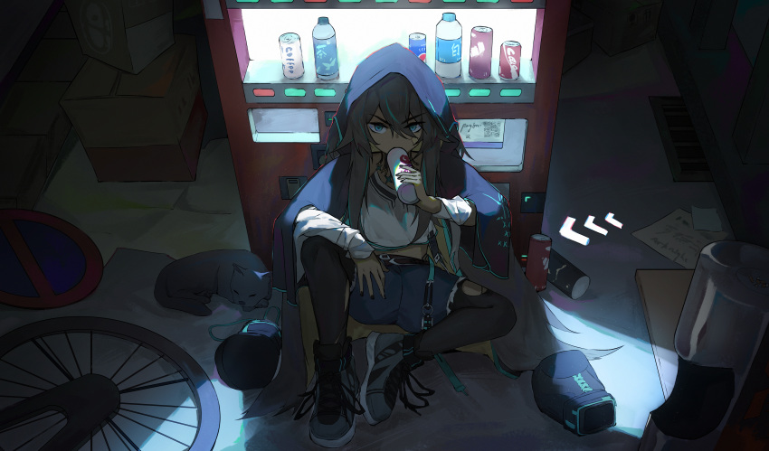1girl absurdres arknights bandaid bandaid_on_face blue_eyes box boxing_gloves can cardboard_box cat dark_skin dark-skinned_female drinking flint_(arknights) highres hood pantyhose qingfeng_canying road_sign shorts sign torn_clothes torn_legwear vending_machine