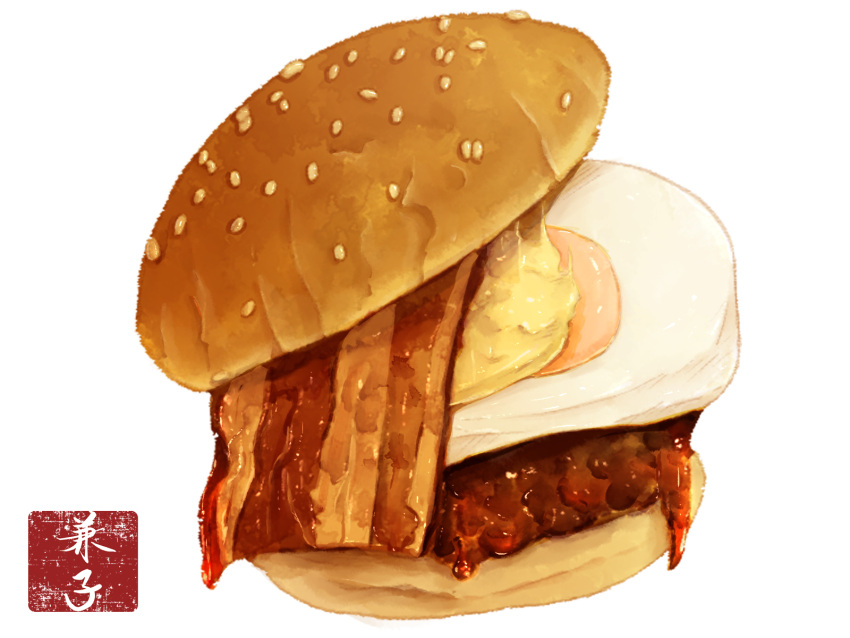 bacon bread_bun egg food food_focus fried_egg hamburger highres kaneko_ryou meat no_humans original pastry sesame_seeds simple_background still_life translation_request white_background