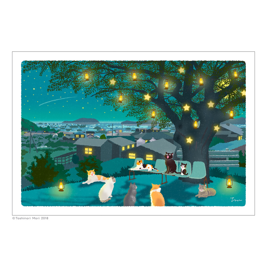 animal_focus artist_name bench black_cat building cat glowing horizon leaf night no_humans original outdoors shadow sky star_(sky) starry_sky toshinori-mori tree