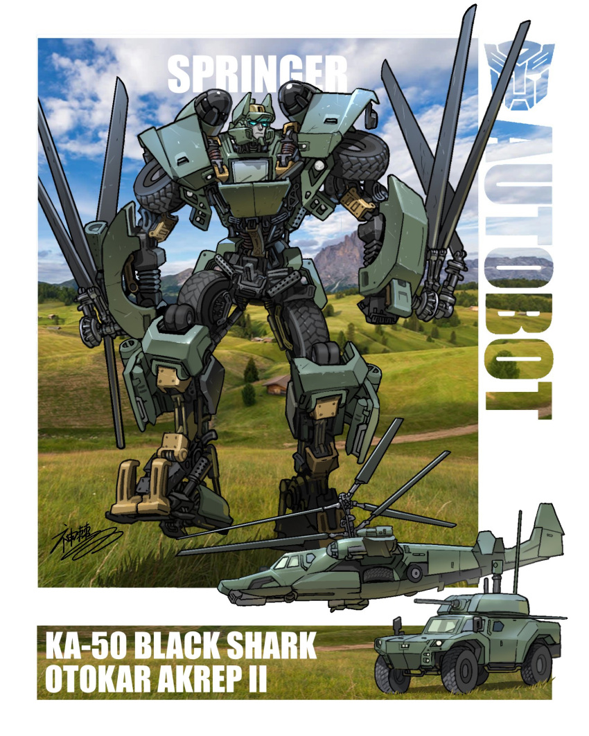 1boy aircraft autobot blue_eyes character_name clenched_hand ground_vehicle helicopter highres ka-50_black_shark looking_to_the_side looking_up mecha military military_vehicle motor_vehicle no_humans otokar_akrep_ii solo_focus springer tank theamazingspino transformers turret vehicle_name
