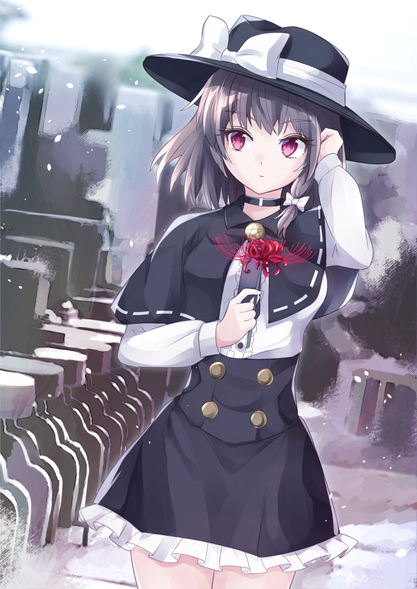 1girl absurdres brown_hair commentary_request cowboy_shot dutch_angle fedora flower hat highres holding holding_flower looking_at_viewer night outdoors pink_eyes ramie_(ramie541) red_flower solo spider_lily touhou usami_renko
