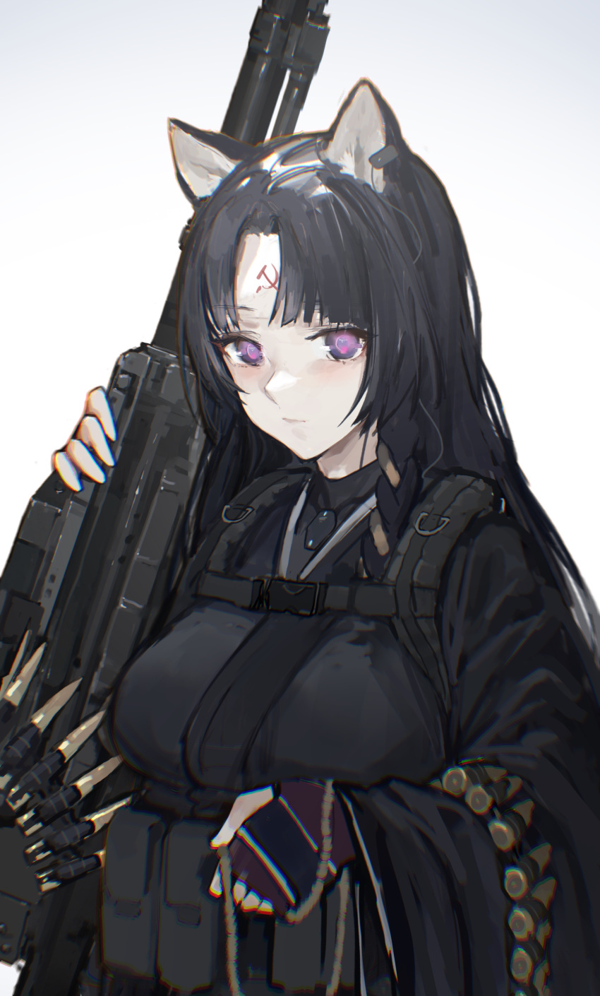 1girl absurdres ammunition ammunition_belt animal_ears arknights bangs black_hair black_kimono breasts closed_mouth commentary dog_ears dog_girl facial_mark fingerless_gloves forehead_mark gloves gun hammer_and_sickle highres holding holding_gun holding_weapon japanese_clothes kimono kord_6p50 long_hair long_sleeves looking_at_viewer medium_breasts parted_bangs pouch purple_gloves saga_(arknights) simple_background solo symbol_commentary upper_body violet_eyes weapon westking white_background wide_sleeves