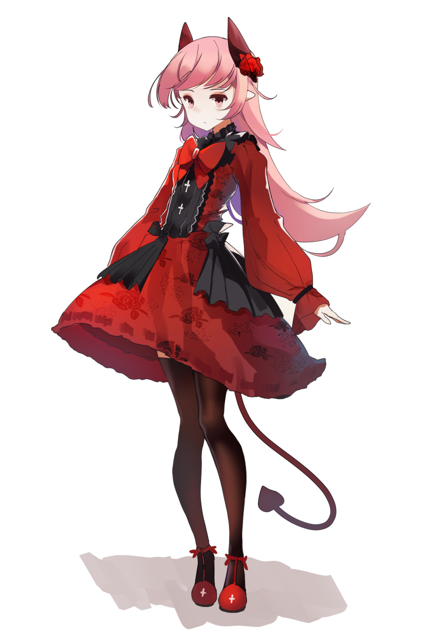 1girl absurdres black_legwear bow closed_mouth dress floral_print full_body highres higu_shi loli long_hair long_sleeves oni open_mouth pink_eyes pink_hair red_dress shoes solo tail white_background