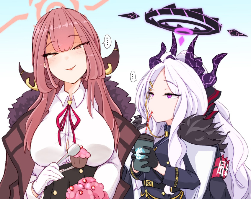 ... 2girls aru_(blue_archive) belt black_gloves blue_archive breasts coat coat_on_shoulders drinking drinking_straw food fur_trim gloves hair_ornament hairclip halo hina_(blue_archive) horns large_breasts long_hair muffin multiple_girls pink_hair ro_(aahnn) spoken_ellipsis tongs very_long_hair violet_eyes white_gloves white_hair