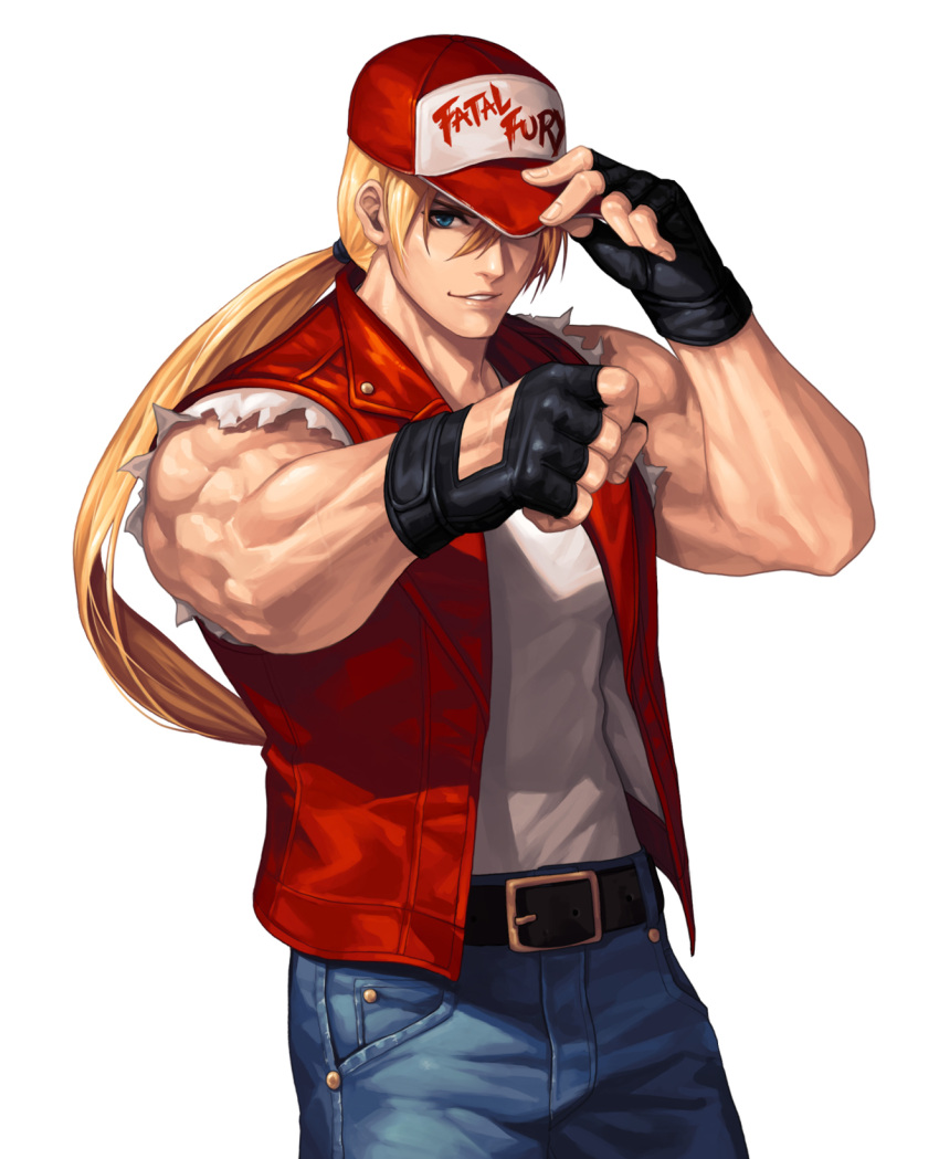 1boy adjusting_clothes adjusting_headwear arm_up baseball_cap belt biceps black_belt black_gloves blonde_hair blue_eyes blue_pants clenched_hand commentary_request cowboy_shot denim evilgun fatal_fury fingerless_gloves fingernails fist_bump gloves hair_between_eyes hat highres jeans long_hair looking_at_viewer male_focus muscular muscular_male pants parted_lips ponytail red_headwear red_vest shirt shirt_tucked_in simple_background sleeveless sleeveless_shirt smile solo standing terry_bogard the_king_of_fighters the_king_of_fighters_'97 veins very_long_hair vest white_background white_shirt