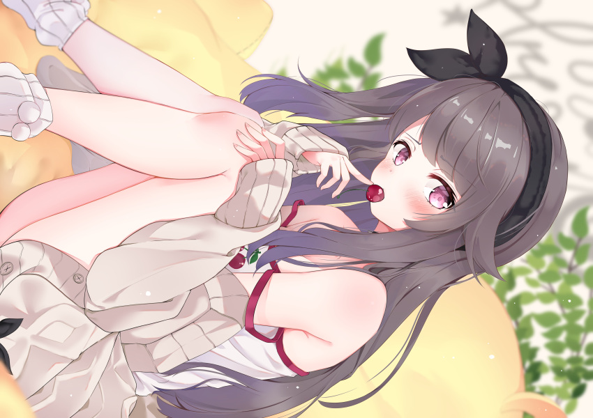 1girl absurdres armpit_crease azur_lane bangs bare_legs bare_shoulders beige_sweater black_hair black_hairband blush buttons cherry cherry_print commentary_request covered_mouth dot_nose eyebrows_visible_through_hair feet_out_of_frame food food_print from_side fruit hairband hand_on_own_knee highres holding holding_food indoors kurorakudaaa long_hair long_sleeves looking_at_viewer no_pants pamiat_merkuria_(azur_lane) plant pom_pom_(clothes) sidelocks sitting sleeve_cuffs sleeves_past_wrists socks solo strap_slip swept_bangs tank_top thighs violet_eyes white_legwear