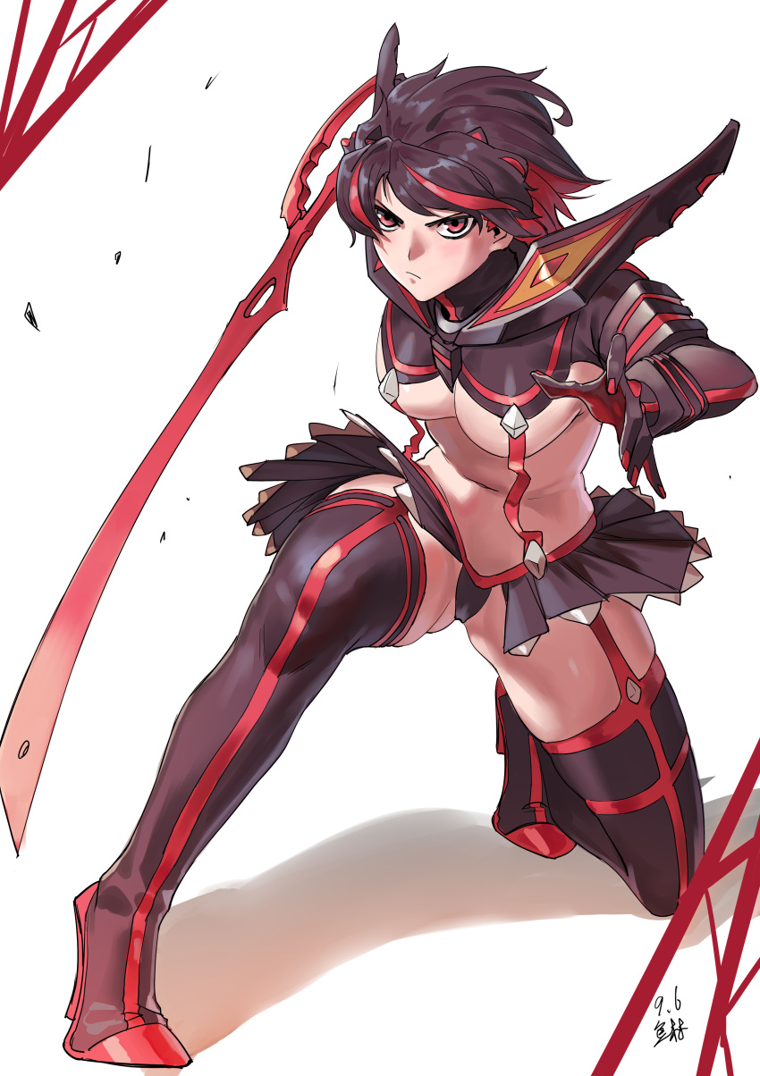 1girl absurdres black_footwear black_hair black_shirt black_skirt boots breasts closed_mouth crop_top gloves high_heels highres holding holding_sword holding_weapon jinlin kill_la_kill matoi_ryuuko medium_breasts miniskirt multicolored_hair navel red_eyes redhead revealing_clothes scissor_blade senketsu shirt short_hair showgirl_skirt simple_background skirt stance streaked_hair suspenders sword thigh-highs thigh_boots two-tone_hair under_boob weapon white_background
