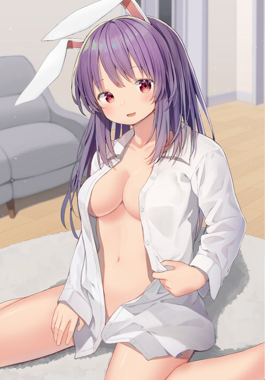 1girl absurdres animal_ears bangs blush breasts closed_mouth collarbone commentary_request couch foot_out_of_frame highres indoors long_hair mamemochi medium_breasts naked_shirt navel open_clothes open_shirt purple_hair rabbit_ears red_eyes reisen_udongein_inaba shirt sitting touhou wariza white_shirt