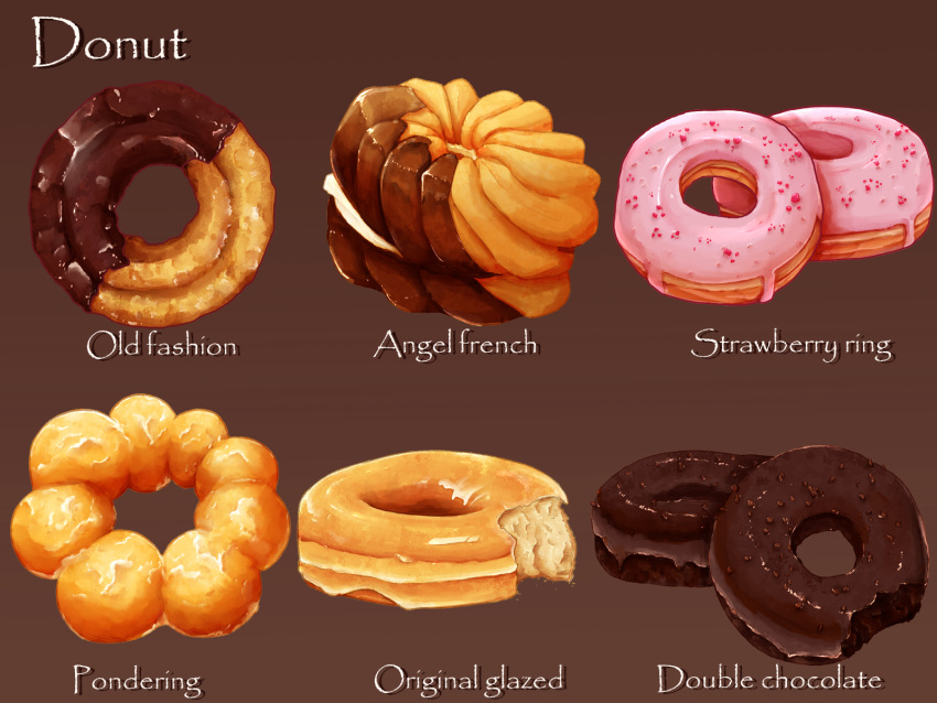 brown_background chocolate chocolate_doughnut dessert doughnut english_text food food_focus highres kaneko_ryou no_humans old-fashioned_doughnut original pastry pon_de_ring realistic simple_background still_life