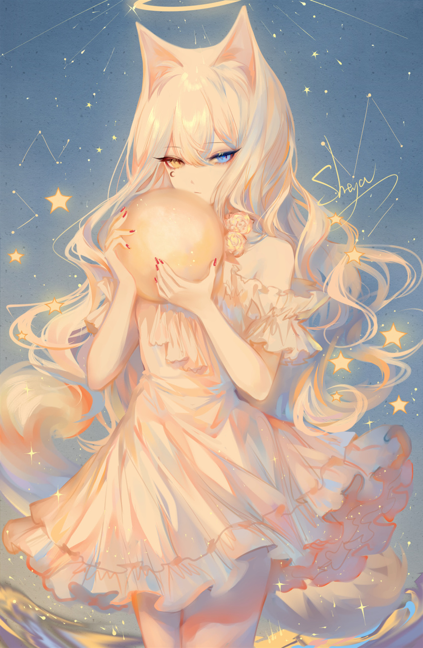 1girl animal_ears artist_name bare_shoulders blue_eyes cat_ears constellation cowboy_shot dress heterochromia highres holding long_hair nail_polish original red_nails revision sheya signature silver_hair solo standing white_dress yellow_eyes