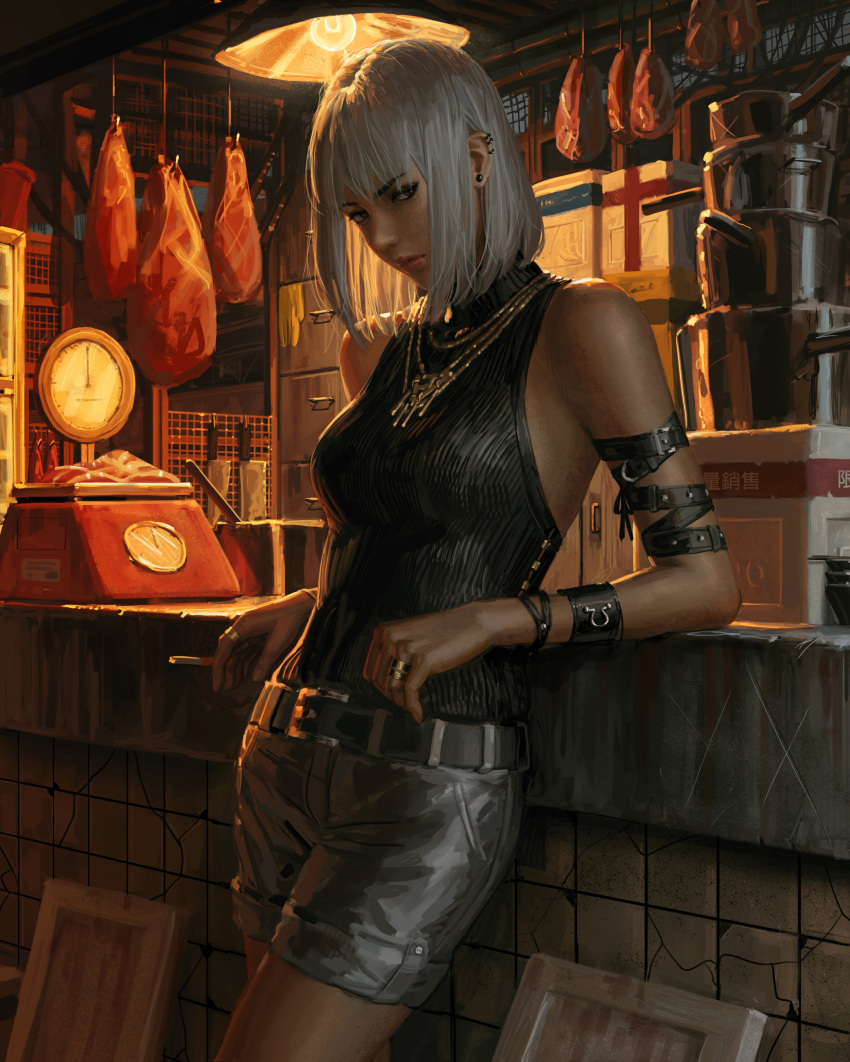 1girl absurdres bangs bare_shoulders belt belt_buckle between_fingers black_belt black_shirt breasts brown_eyes buckle ceiling_light cigarette closed_mouth commentary ear_piercing earrings english_text eyebrows_visible_through_hair food grey_hair grey_shorts guweiz highres holding holding_cigarette jewelry kitchen_knife looking_at_viewer meat medium_breasts necktie original piercing revision ring shirt short_shorts shorts sleeveless sleeveless_shirt solo stud_earrings thick_eyebrows