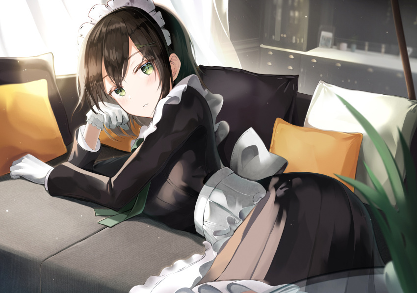 absurdres apron bangs black_dress black_hair blush couch dress frilled_apron frills gloves green_eyes green_ribbon hair_ornament hairclip head_rest highres indoors long_sleeves looking_at_viewer lying maid on_side original parted_lips pillow plant pleated_dress ribbon short_hair sion_(im10042m) white_apron white_gloves