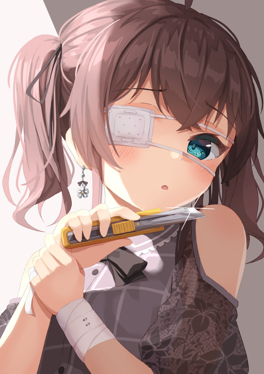1girl :o absurdres ahoge bandaged_arm bandaged_fingers bandages bangs bare_shoulders black_bow black_ribbon blue_eyes blush bow boxcutter brown_hair clothing_cutout collared_shirt dress_shirt earrings eyebrows_visible_through_hair eyepatch glint grey_shirt hair_ribbon hands_up highres holding hololive jewelry looking_at_viewer medical_eyepatch natsuiro_matsuri parted_lips puffy_short_sleeves puffy_sleeves ribbon shirt short_sleeves shoulder_cutout solo starkamisan twintails upper_body virtual_youtuber