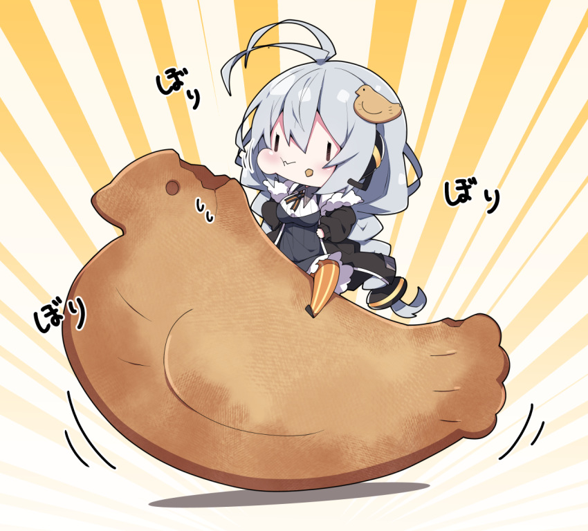 1girl :t antenna_hair bangs black_jacket blush braid breasts chibi closed_mouth collared_shirt commentary_request dress food food_on_face food_themed_hair_ornament fur-trimmed_jacket fur_trim grey_dress hair_between_eyes hair_ornament headset jacket kizuna_akari large_breasts long_hair low_twintails milkpanda minigirl open_clothes open_jacket orange_legwear pantyhose puffy_cheeks shirt silver_hair sitting solo striped striped_legwear sweat translation_request twin_braids twintails vertical-striped_legwear vertical_stripes very_long_hair voiceroid wavy_mouth white_shirt |_|