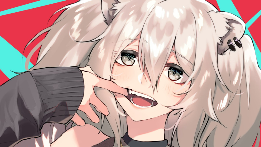 1girl animal_ear_fluff animal_ears bangs black_jacket ear_piercing english_commentary eyebrows_visible_through_hair fangs fur_trim grey_eyes halter_top halterneck highres hololive jacket light_blush lion_ears lion_girl looking_at_viewer mouth_pull piercing shishiro_botan sleeves_past_wrists smile solo virtual_youtuber wann!