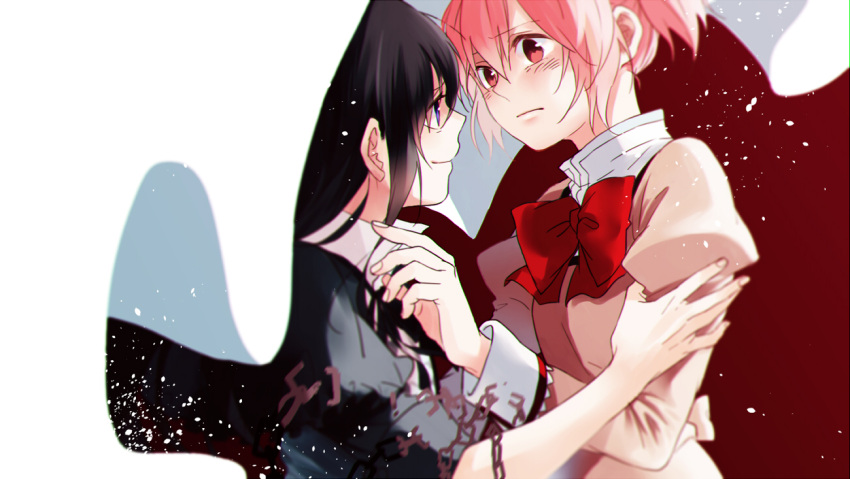 2girls akemi_homura bags_under_eyes black_dress black_hair black_ribbon blanket chain closed_mouth collared_dress dress eye_contact eyes_visible_through_hair face-to-face facing_away fingernails flat_chest frown hand_on_another's_arm happy homulilly itsu_(artist) juliet_sleeves kaname_madoka light_particles long_hair long_sleeves looking_at_another mahou_shoujo_madoka_magica mahou_shoujo_madoka_magica_movie mitakihara_school_uniform multiple_girls neck_ribbon pink_eyes pink_hair profile puffy_short_sleeves puffy_sleeves red_background red_ribbon ribbon school_uniform short_sleeves simple_background smile under_covers uniform violet_eyes